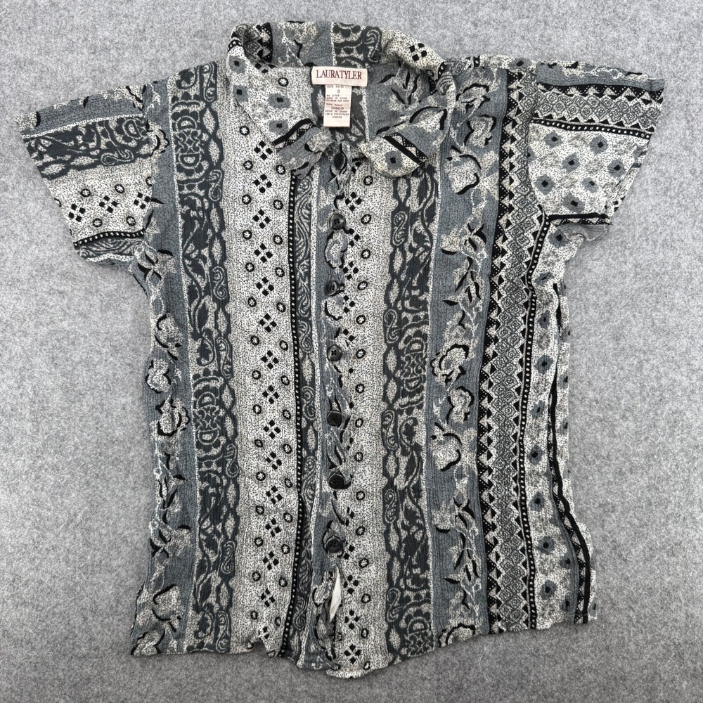 Vintage Gray Mixed Print Button Down Short Sleeve Laura Tyler Top Womens S